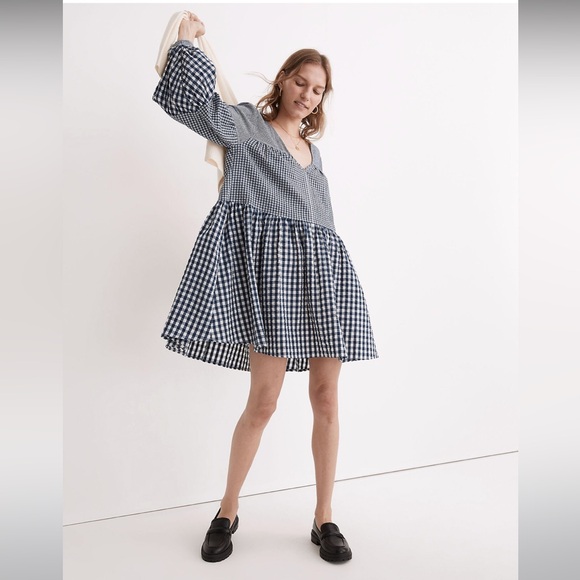 NWT Madewell Seersucker V-Neck Mini Dress in Gingham Check- Medium - Picture 2 of 10